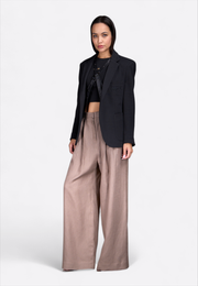 Close-up of classic black linen blazer, front view – East Vibe